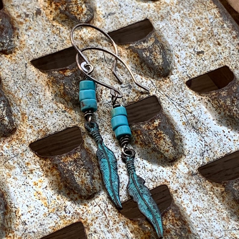 Gemstone Earrings Rustic Earrings Dangle Earrings Gifts for Her Oxidized Sterling Silver /& Turquoise Earrings With Patina Feather Charms