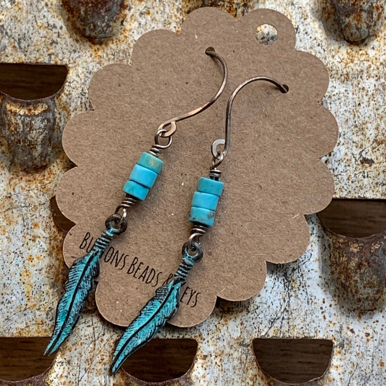 Gemstone Earrings Rustic Earrings Dangle Earrings Gifts for Her Oxidized Sterling Silver /& Turquoise Earrings With Patina Feather Charms