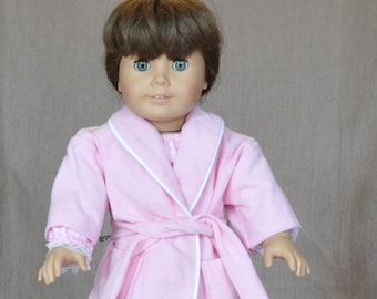 Adorable pink flannel bathrobe for 18" dolls, fits American Girl and similar dolls.