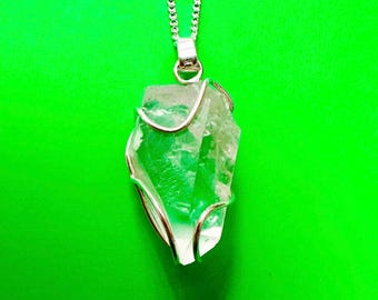 Sterling silver raw clear quartz pendant- clear crystal - handmade jewelry- quartz jewelry