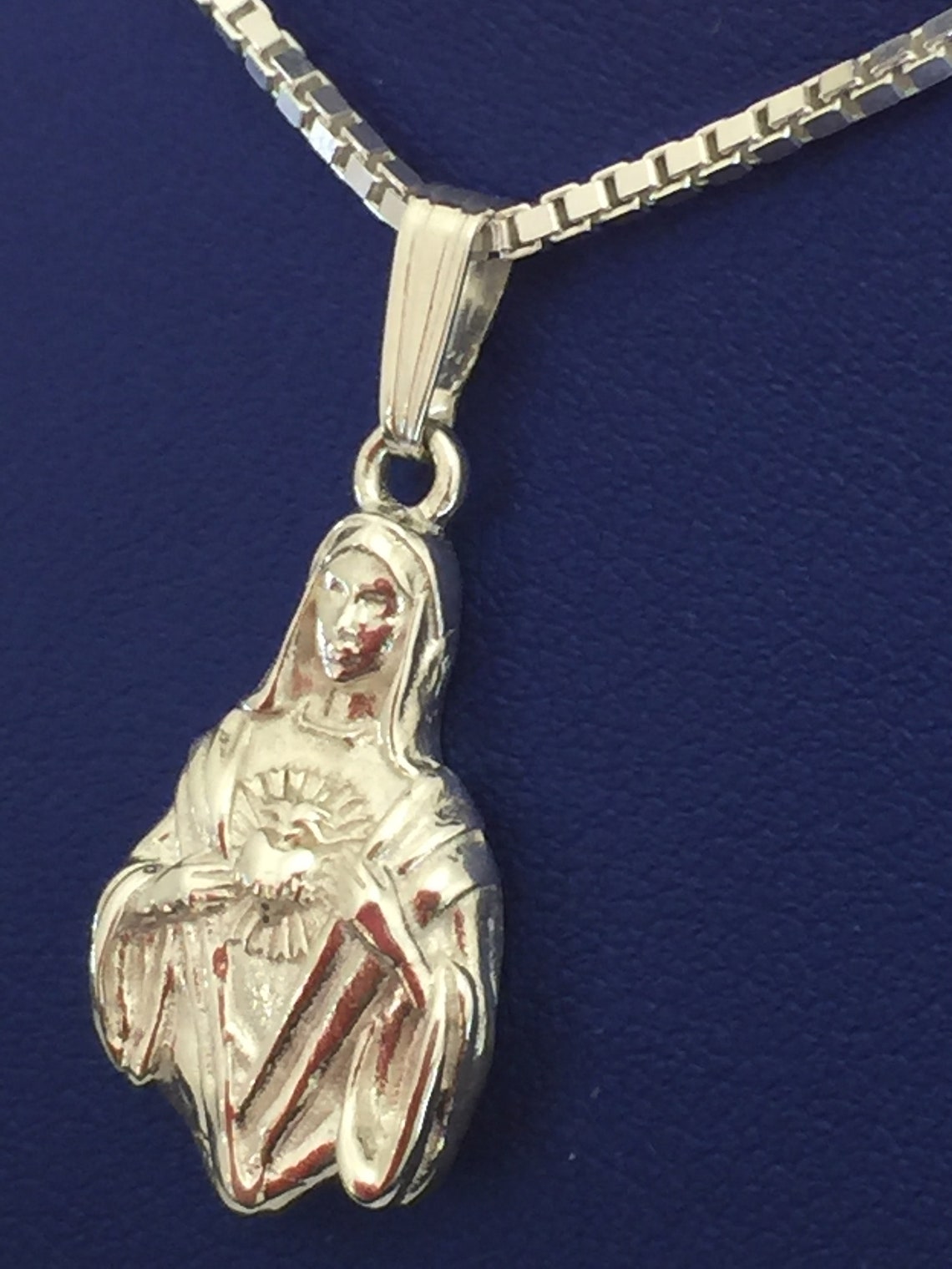Immaculate Heart of Mary Silver Medal With Silver Chean. Etsy
