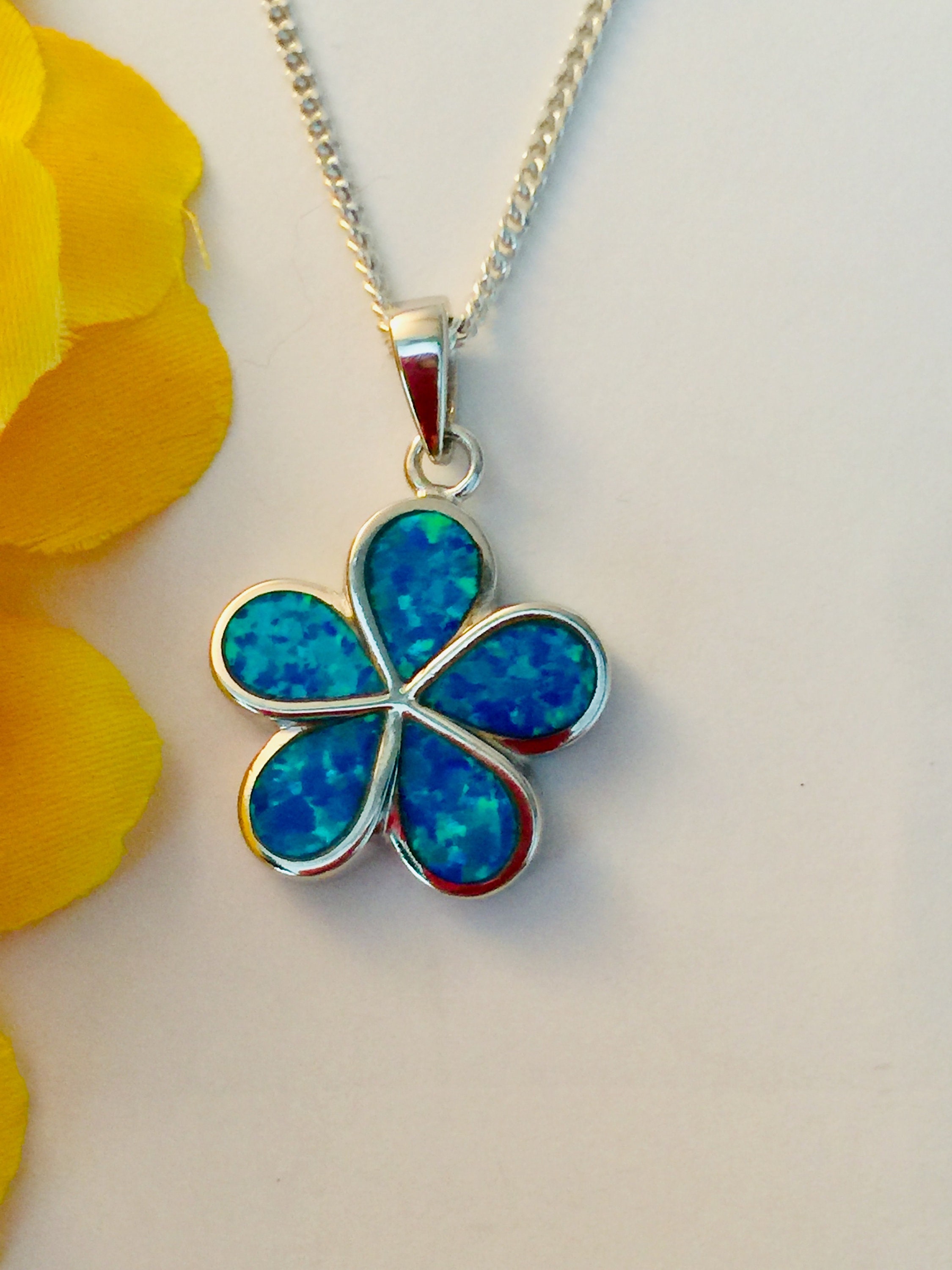 Blue Opal Flower Silver Pendant Necklace Etsy