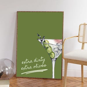 Extra Dirty Martini Cocktail wydruk, wydruk cyfrowy, różowy, sztuka ścienna do baru, ściana koktajlowa retro, plakat Martini, wydruk Martini, dekoracja wózka barowego