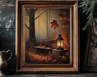 Moody Autumn Nature Wall Art, Bench and Fall Leaves, Dark Academia Aesthetic, Cozy Fall Decor, Autumn Landscape Print, Fall Foliage Wall Art