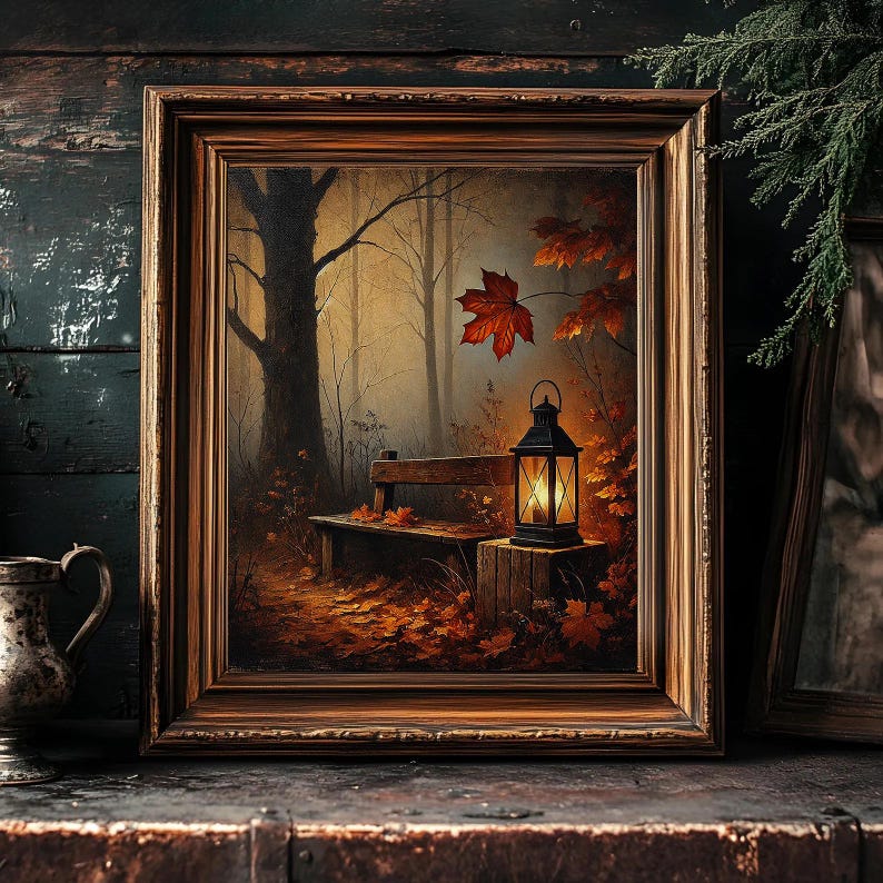 Moody Autumn Nature Wall Art, Bench and Fall Leaves, Dark Academia ...
