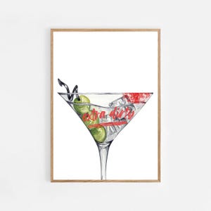 Extra Dirty Martini Cocktail wydruk, wydruk cyfrowy, czerwony, sztuka ścienna do baru, ściana koktajlowa retro, plakat Martini, wydruk Martini, dekoracja wózka barowego
