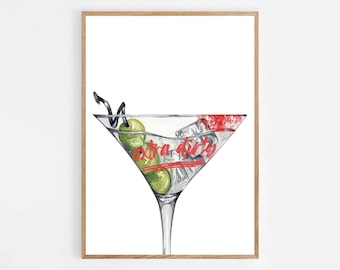 Extra Dirty Martini Cocktail print, Digital Print, Red, Wall Art Bar, Retro cocktail wall, Martini Poster, Martini Print, Bar Cart Decor