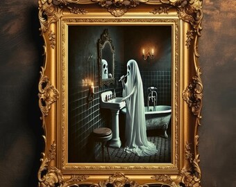 Gruselige Halloween Wand Kunst | WC Geist Kunst | Badezimmer Halloween Dekor | Lustiges Geisterbild | Vintage niedlicher Geist beim Zähneputzen