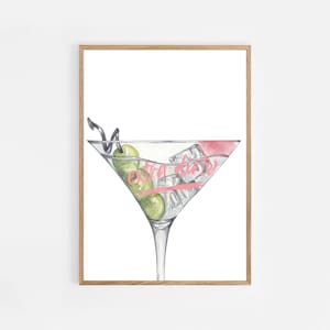 Extra Dirty Martini Cocktail wydruk, wydruk cyfrowy, różowy, sztuka ścienna do baru, ściana koktajlowa retro, plakat Martini, wydruk Martini, dekoracja wózka barowego