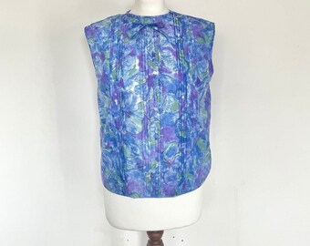 vintage 1960's Blouse, French Floral Blouse, Blue & Purple Sleeveless Blouse, Floral Blouse, UK Size 14 Blouse, 60s Blouse, French vintage