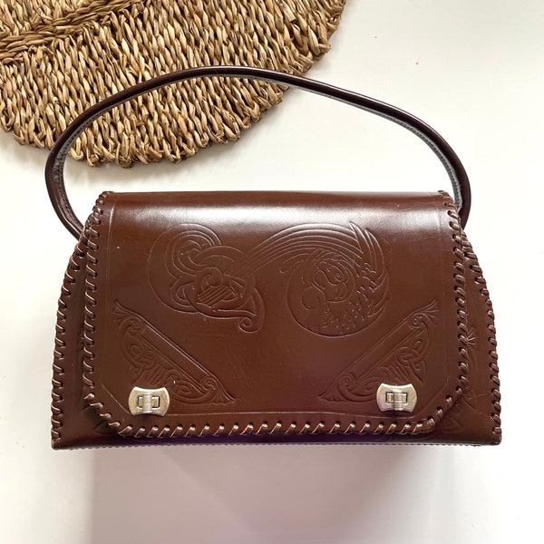 Vintage 1970’s Handbag, Celtic  Embossed, Leather Holdall, Bohemian Style, Dark Brown Leather Holdall, Celtic Knots, Folklore, Office Bag