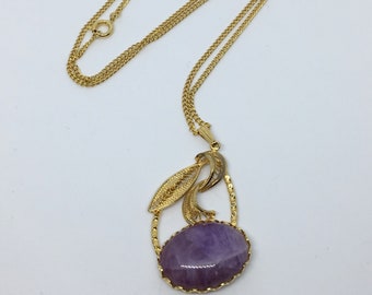 Vintage 1980’s Necklace, Gold-tone & Purple Gemstone Necklace, Oval Pendant Necklace, 80s Jewellery, Purple, Pendant, Filigree Necklace