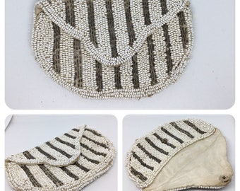 Vintage 1960's White & Grey Beaded Purse