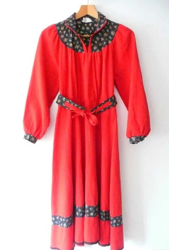 Vintage 70's Red & Floral Dress UK Size 12 * Autum