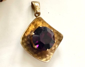 Vintage 1930's Pendant, Czech Art Deco Pendant, Pendant, Brass Pendant , Amethyst Pendant, Purple Gemstone, Geometric Jewellery