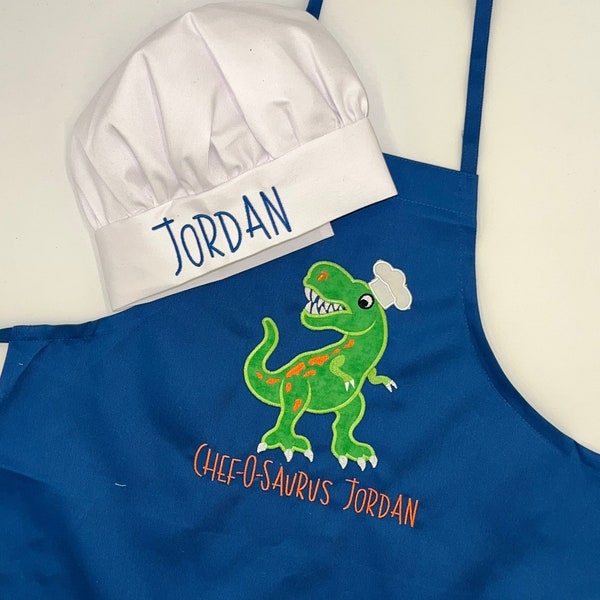 Personalized Child's Dinosaur Apron, Embroidered Kids Cooking Set, Kids Cooking Gift, Customized Apron, Cooking Class, Dino Chef