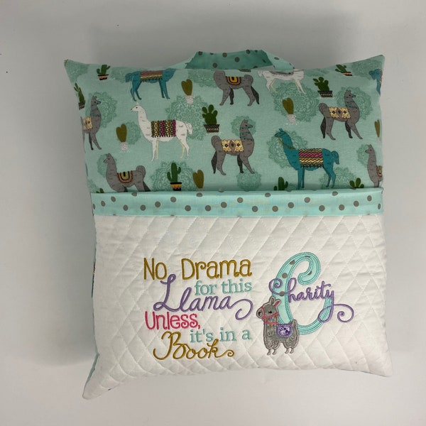 Llama Reading Pillow, Personalized Llama Pillow with Pocket, Girl Book Lover Gift, Child’s Reading Pillow, Customized Book Pillow, Mint