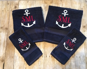 Lake House Decor, Beach House Towels, Customized Bath Towel Set, Monogrammed Nautical Towel Set, Nautical Bathroom Decorations, Boat Towels