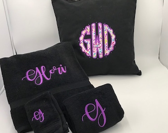 Girls Graduation Gift, Dorm Room Decor, College Towel Bath & Throw Pillow Cover (NO INSERT) Set, Monogrammed Girl Dorm Set, College Gift
