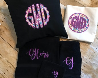 Girls Graduation Gift; Dorm Room Decor; College Towel Bath Set, Throw Pillow Cover (NO INSERT) & Laundry Bag Set, Monogrammed Dorm, College