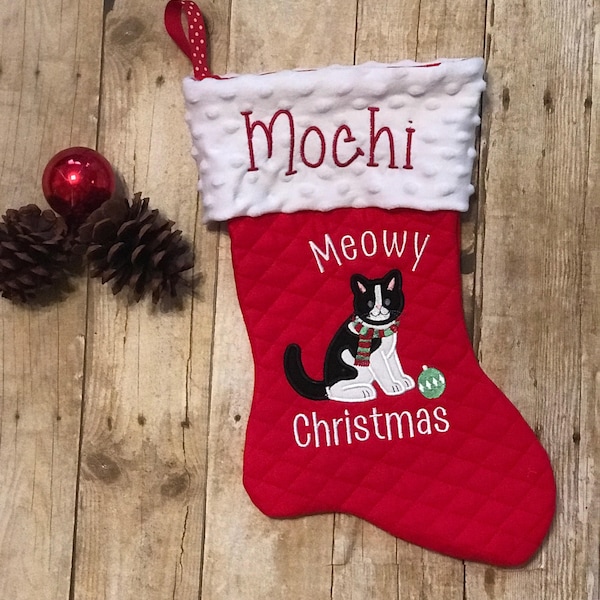 Monogrammed Pet Christmas Stocking, Cat Name on Stocking, Tuxedo Cat Stocking, Customized Cat Stocking, Rescue Cat Stocking, Pet XMAS