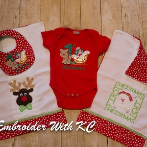 First Christmas Monogrammed Baby Set - Bodysuit, Bib, & 2 Burp Cloths, Baby Shower Gift, Personalized First XMAS, Baby Gift, Baby First