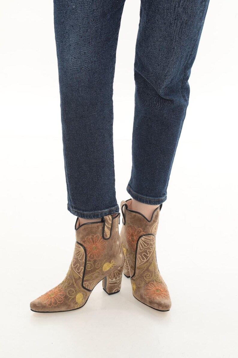 Handmade Suzani Ankle Boots: Floral Embroidered Leather Booties image 4