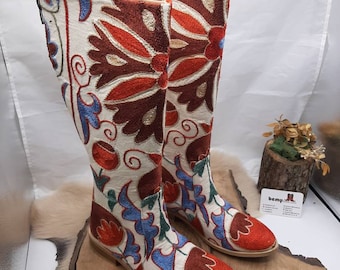 Silk Embroidered Genuine Leather Custom Made Vintage Women's Boots, Riding Style Boots, Custom Boots, Knee High, Country Style