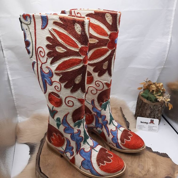 Silk Embroidered Genuine Leather Custom Made Vintage Women's Boots, Riding Style Boots, Custom Boots, Knee High, Country Style