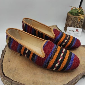 Vintage Kilim Loafers: Handmade Leather Soled Boho Shoes