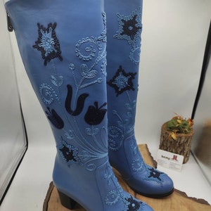 Handmade Leather Platform Knee High Boots: Suzani Embroidery