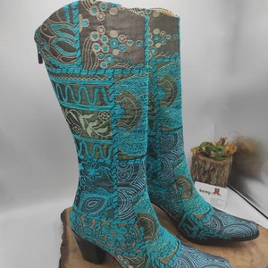 Handgjorda Suzani Cowboystövlar: Turkosa vävda westernstövlar i läder
