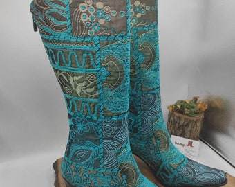 Handmade Suzani Cowboy Boots: Turquoise Tapestry Leather Western Boots