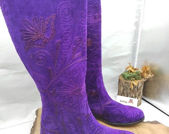 Purple Boots, Riding Boots, Suzani Boots, Knee High, Casual Boots, Low Heel, Round Toe, Handmade, For Her, Custom Boots