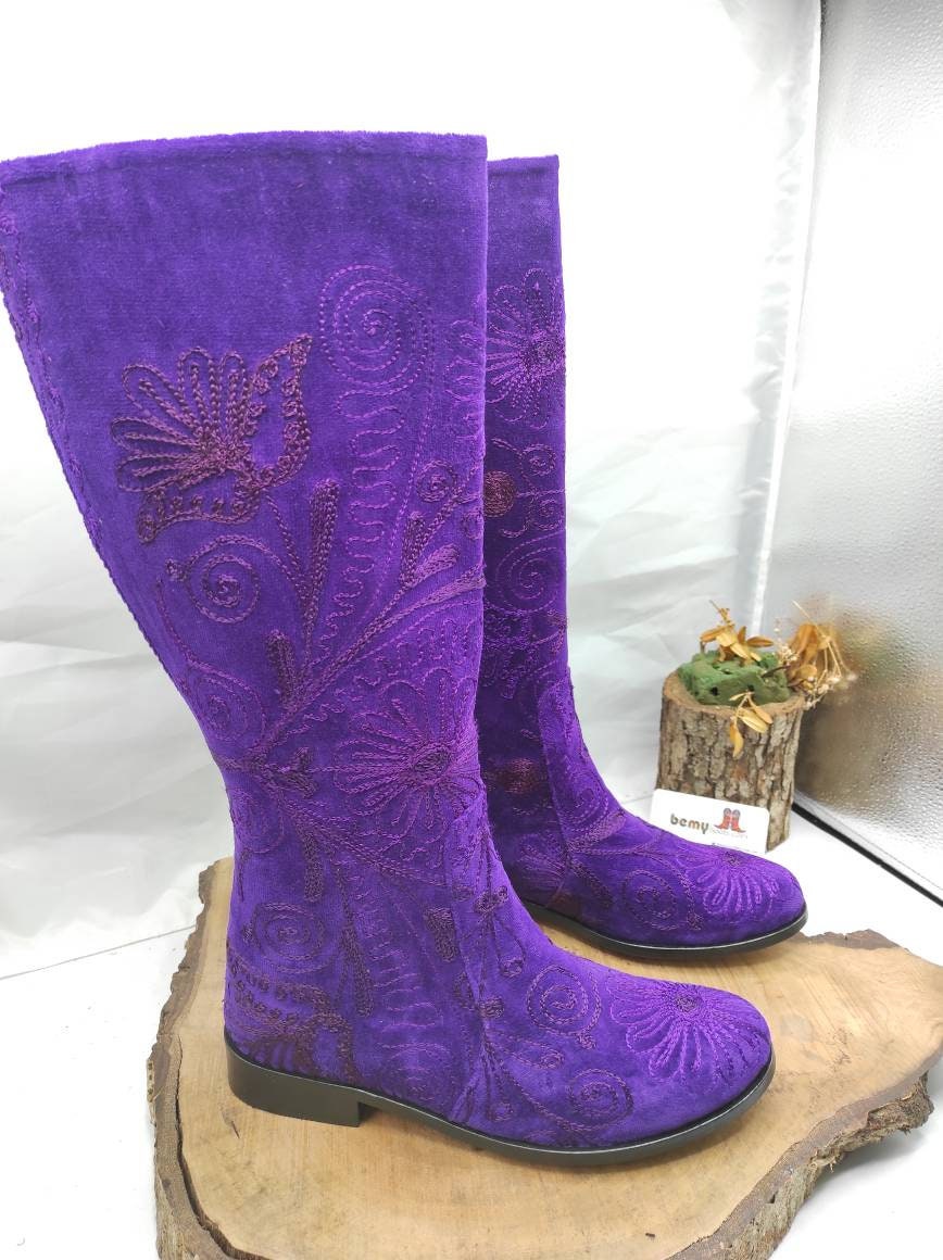Purple Boots, Riding Boots, Suzani Boots, Knee High, Casual Boots, Low Heel, Round Toe, Handmade, for Her, Custom Boots - Etsy Purple Boots, Riding Boots, Suzani Boots, Knee High, Casual Boots, Low Heel, Round Toe, Handmade, for Her, Custom Boots - Etsy
