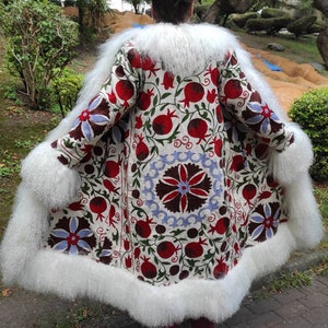 Vintage Suzani Coat: Hand-embroidered Afghan Style Shearling Trim