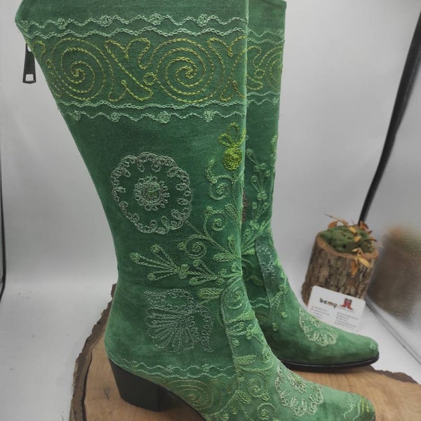 Women's Boots, Cowboy Boots, Suzani Boots, Vintage Boots, Custom Boots, Green Boots, Handmade, For Her, Outdoor Fit, Everyday Boots
