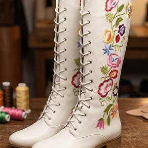 May include: A pair of white leather knee-high boots with floral embroidery in red, pink, yellow, blue, and green. The boots have a lace-up design and a low heel. The boots are displayed on a wooden surface.