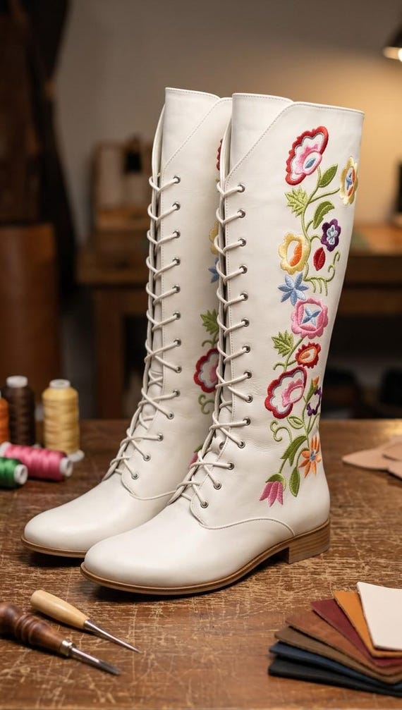Victorian Style Artisanal Footwear - Floral Tall Boots for Women