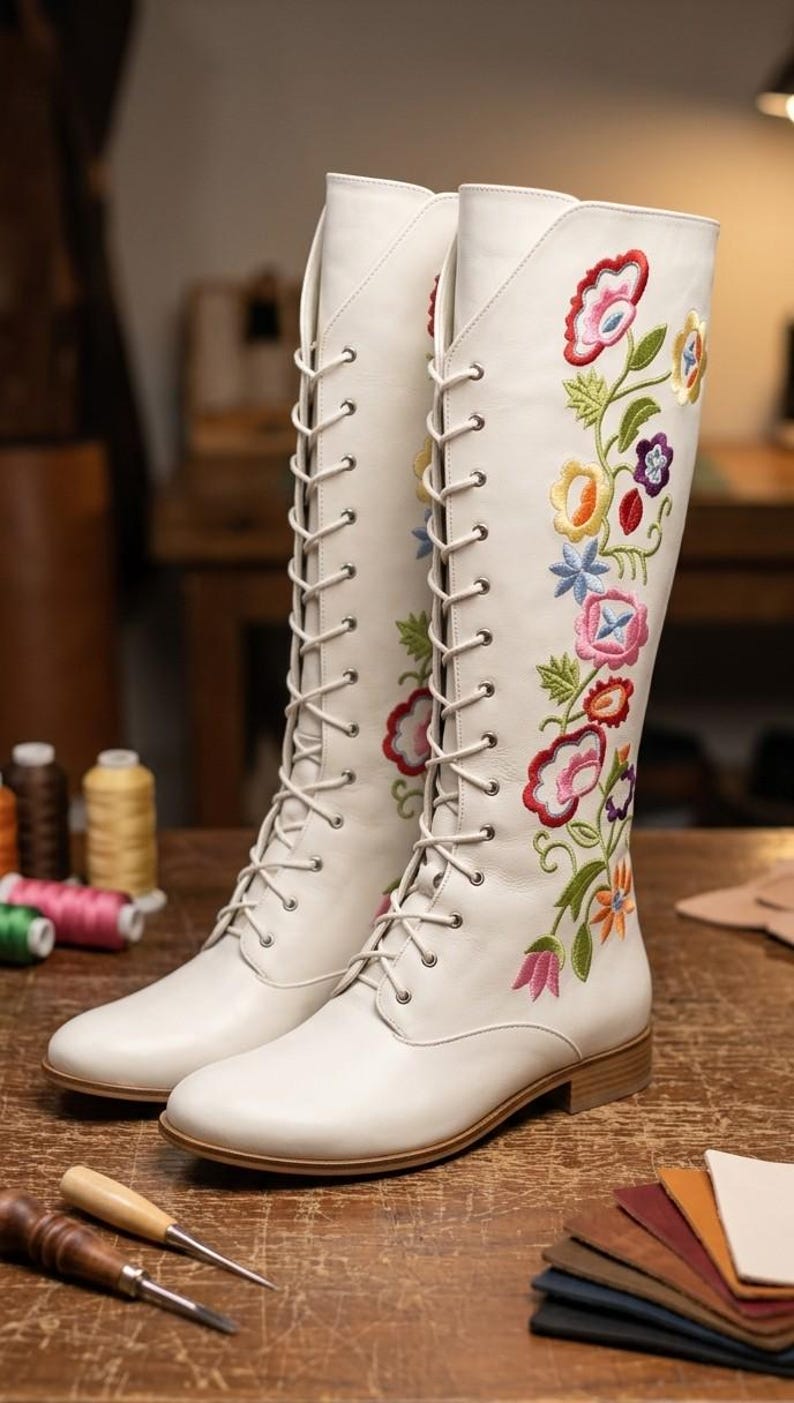 May include: A pair of white leather knee-high boots with floral embroidery in red, pink, yellow, blue, and green. The boots have a lace-up design and a low heel. The boots are displayed on a wooden surface.