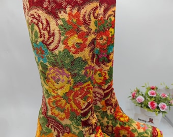 1960s Vintage Womens Boots, Riding Boots, Genuine Leather Knee High, Kilim Boots, Unique Boots, Low Heel, Handwoven, Boho Style Boots