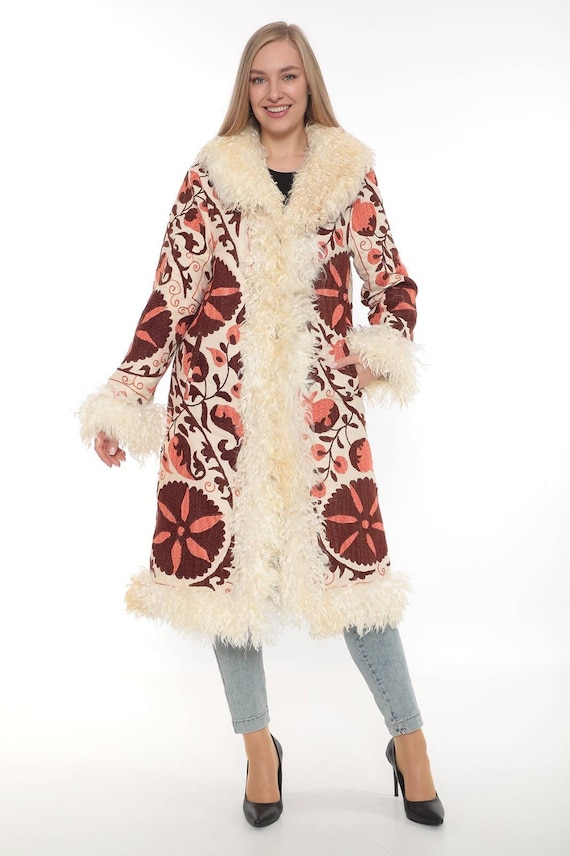 Vintage Shearling Coat: Hand Embroidered Suzani Afghan Fur Trim - Etsy