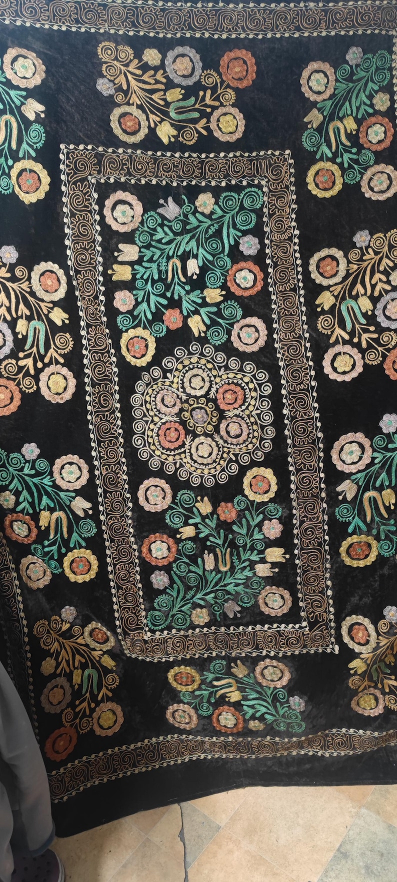 Vintage Shearling Coat, Floral Embroidery, Suzani Afghan Style image 3