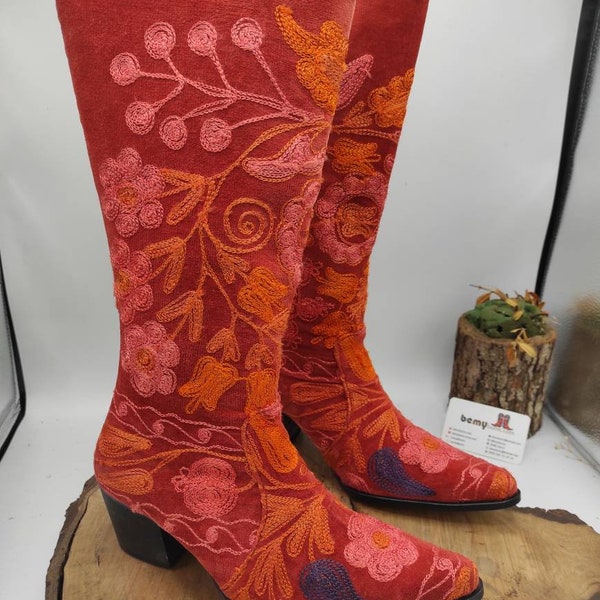 Cowboy Boots, Vintage Boots, Suzani Boots, Red Boots, Embroidery Boots, For Her, Custom Made, Genuine Leather, Boho Fashion, Everyday Boots