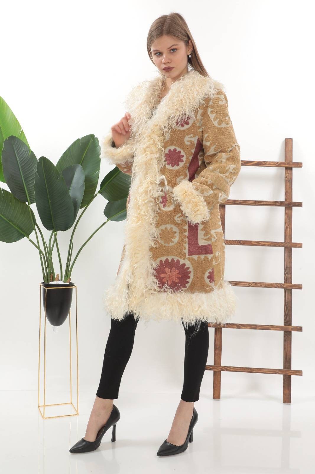 Vintage Suzani Coat: Mongolian Shearling Trim, Hand Embroidery - Etsy