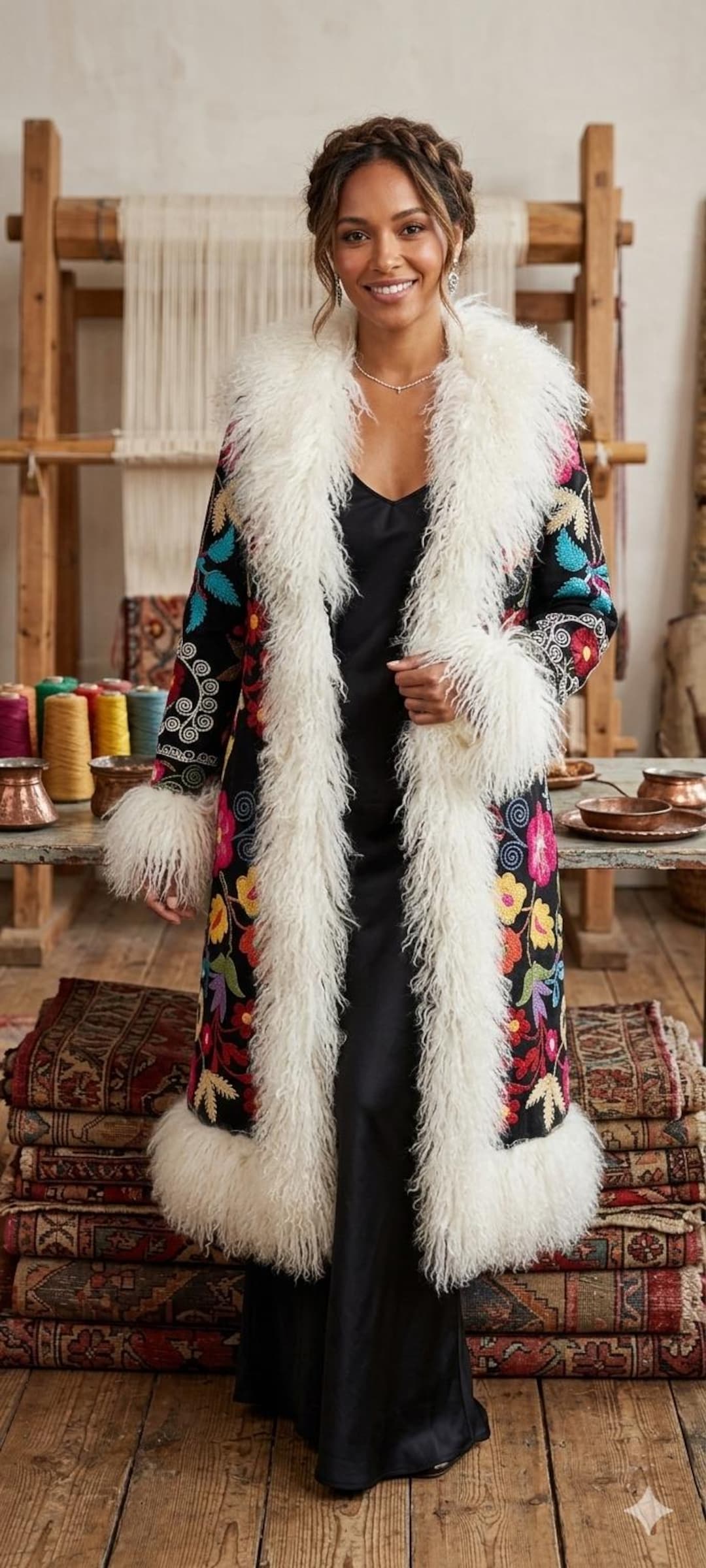Vintage Handmade Suzani Shearling Coat: Boho Afghan Style - Etsy