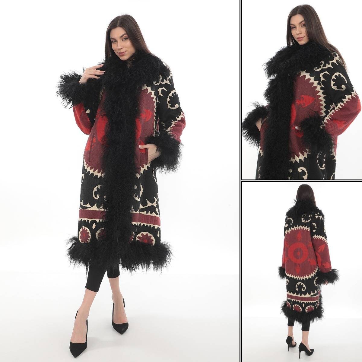 ヴィンテージシアリングスザニコート：ハンドメイドのアフガン風刺繍
