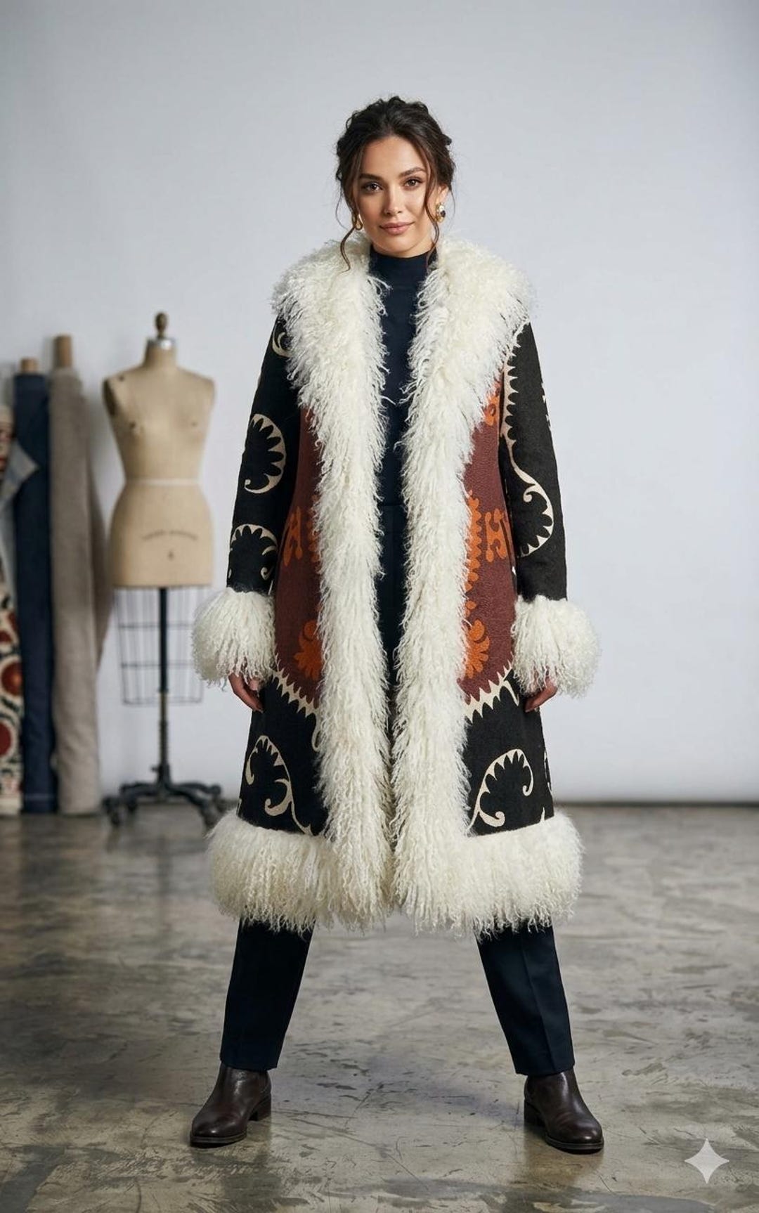 Vintage Handmade Suzani Coat: Mongolian Sheep Trim, Afghan Style