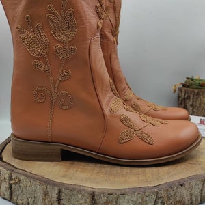 Custom Boots, Honey Brown, Suzani Boots, Knee High, Riding Style, Low Heel, For Her, Handmade, Round Toe, Embroidery Boots, Casual Boots image 2
