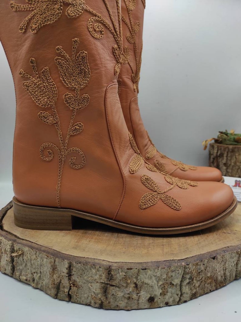 Custom Boots, Honey Brown, Suzani Boots, Knee High, Riding Style, Low Heel, For Her, Handmade, Round Toe, Embroidery Boots, Casual Boots image 2